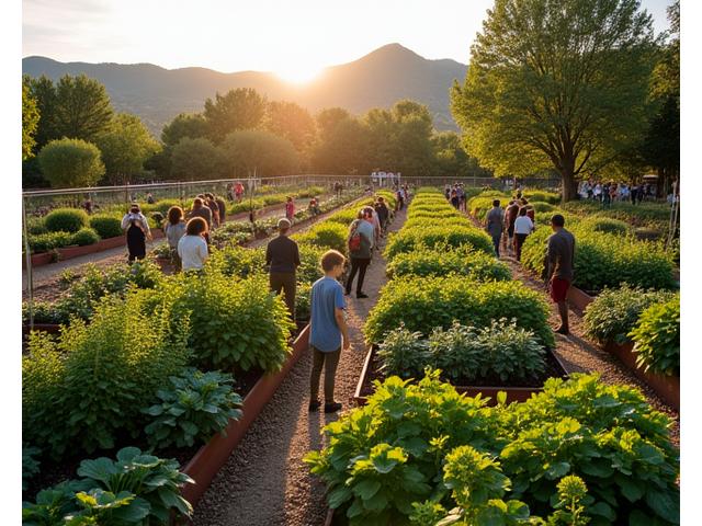 A community garden in Boulder, CO, with diverse people tending to plants, symbolizing local connections and growth.
